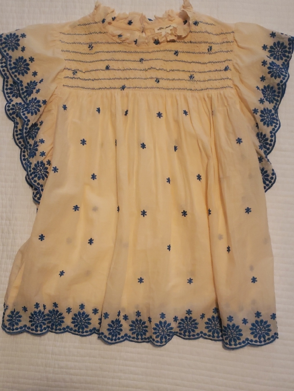 Ultra Pink Babydoll Cream Top with Blue Embroidered Accents